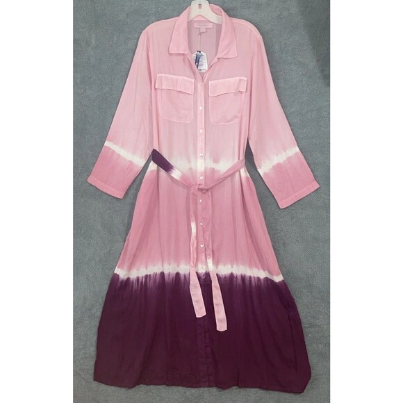 April Cornell Maxi Dress Women’s L Pink Ombre Boho Shirt Belted Button Front NWT - Picture 1 of 15